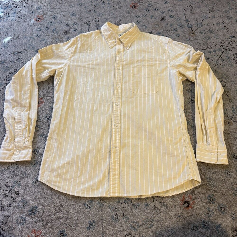 Uniqlo Mens Slim Fit Yellow White Large Striped Oxford Shirt Button Down Cotton